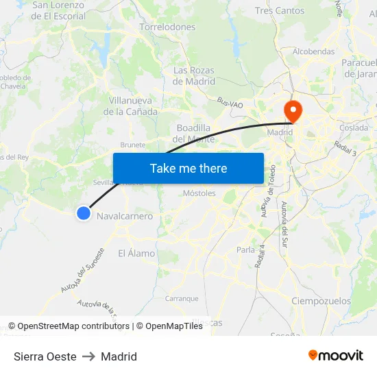 Sierra Oeste to Madrid map