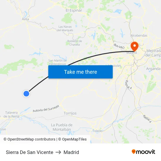 Sierra De San Vicente to Madrid map