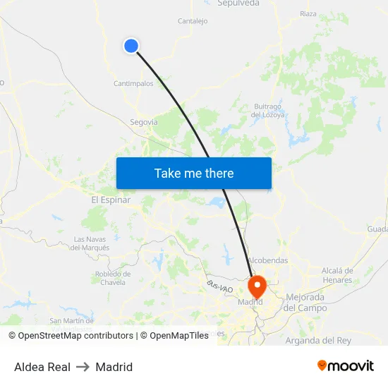 Aldea Real to Madrid map