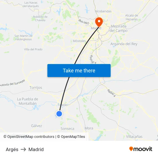 Argés to Madrid map