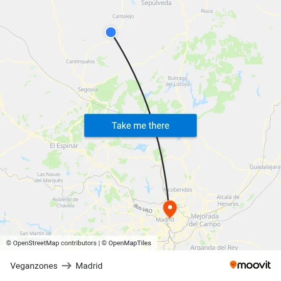 Veganzones to Madrid map