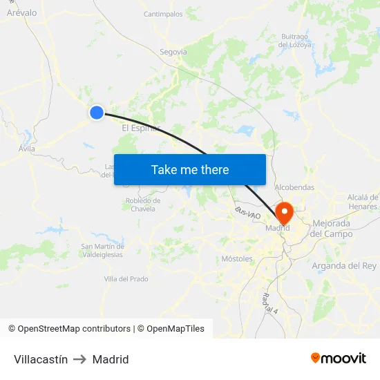 Villacastín to Madrid map