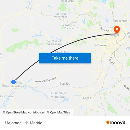 Mejorada to Madrid map