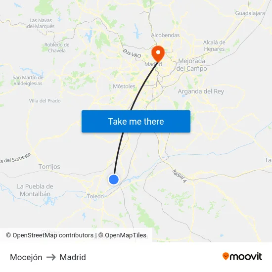 Mocejón to Madrid map