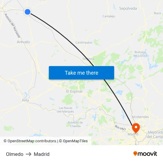 Olmedo to Madrid map