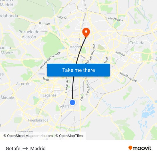 Getafe to Madrid map