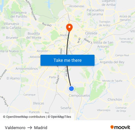 Valdemoro to Madrid map