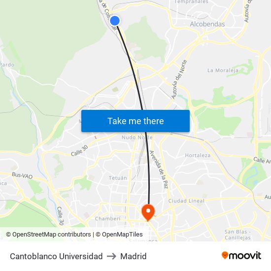 Cantoblanco Universidad to Madrid map