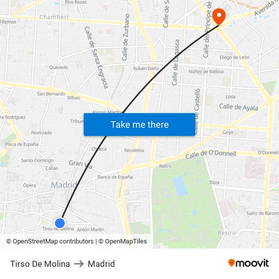 Tirso De Molina to Madrid map