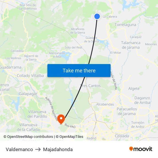 Valdemanco to Majadahonda map