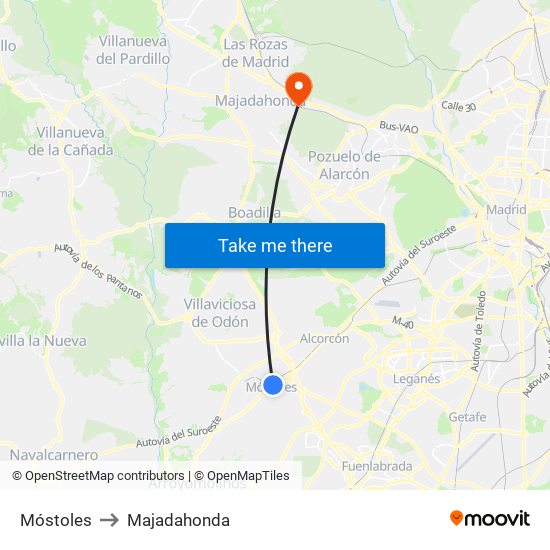 Móstoles to Majadahonda map