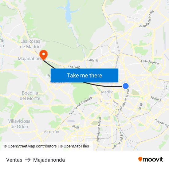 Ventas to Majadahonda map
