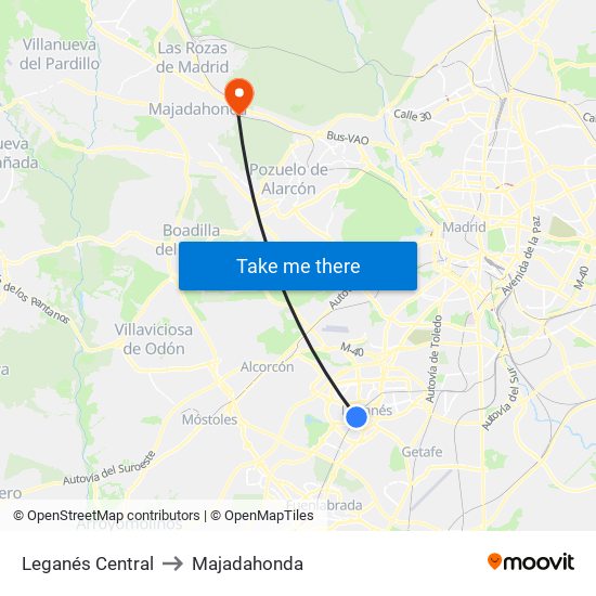 Leganés Central to Majadahonda map