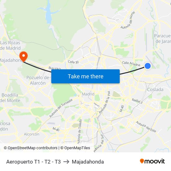 Aeropuerto T1 - T2 - T3 to Majadahonda map