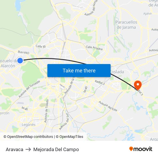 Aravaca to Mejorada Del Campo map