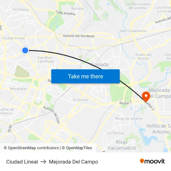 Ciudad Lineal to Mejorada Del Campo map