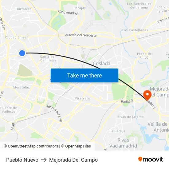 Pueblo Nuevo to Mejorada Del Campo map