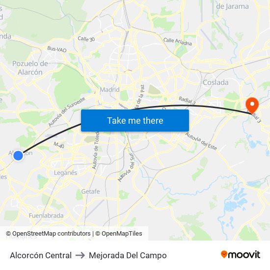 Alcorcón Central to Mejorada Del Campo map