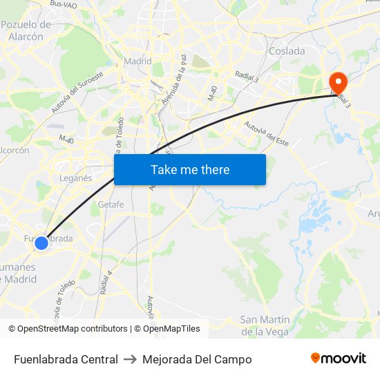 Fuenlabrada Central to Mejorada Del Campo map