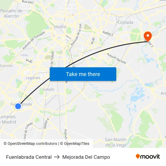 Fuenlabrada Central to Mejorada Del Campo map
