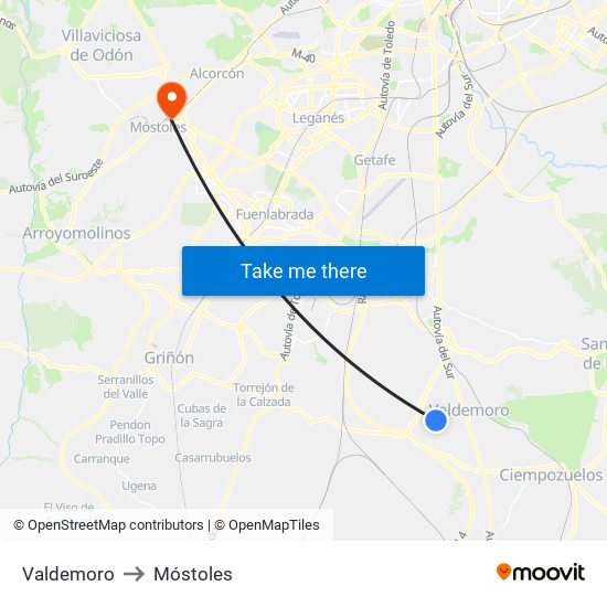 Valdemoro to Móstoles map