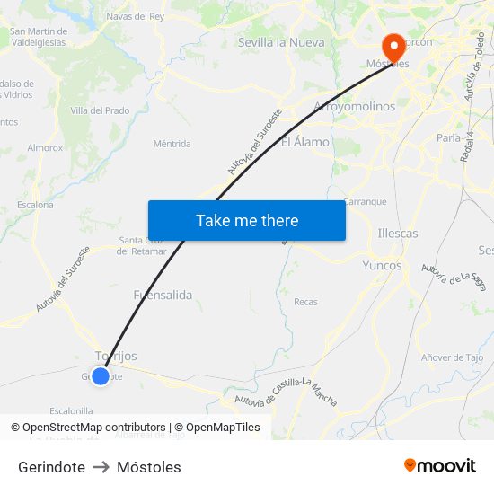 Gerindote to Móstoles map