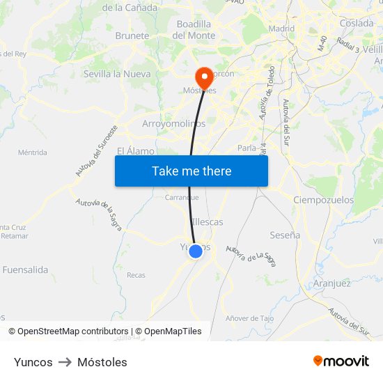 Yuncos to Móstoles map