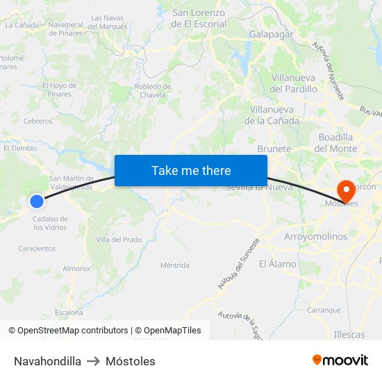 Navahondilla to Móstoles map