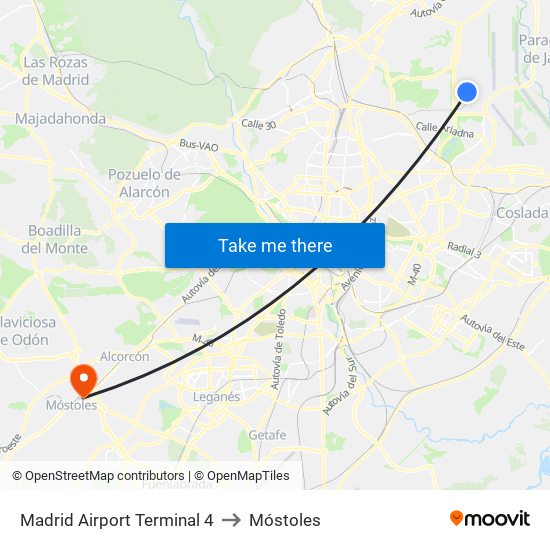 Madrid Airport Terminal 4 to Móstoles map