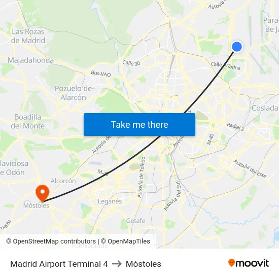 Madrid Airport Terminal 4 to Móstoles map