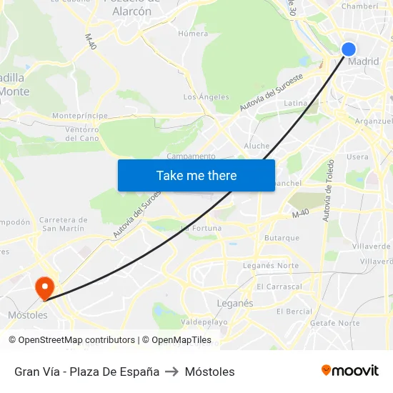 Gran Vía - Plaza De España to Móstoles map