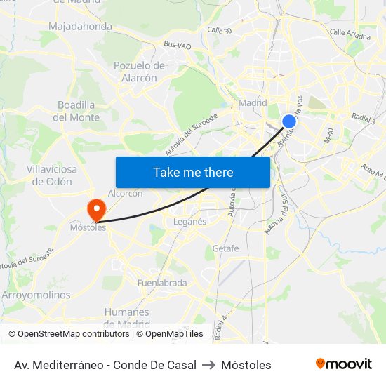 Av. Mediterráneo - Conde De Casal to Móstoles map
