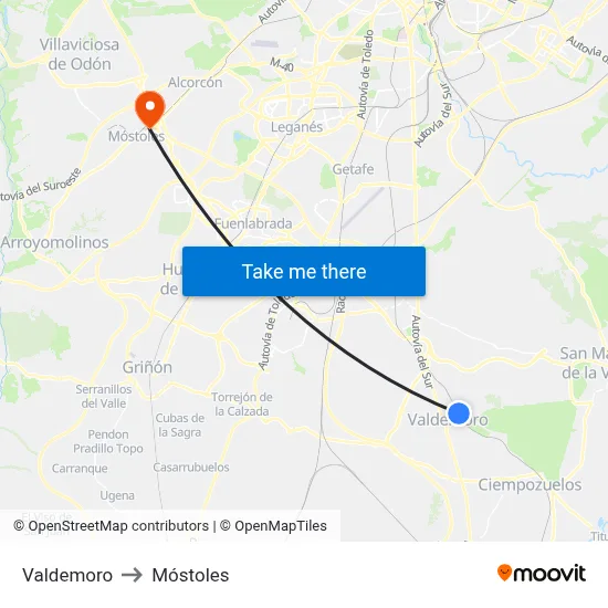 Valdemoro to Móstoles map