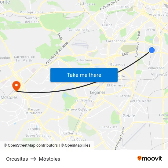 Orcasitas to Móstoles map