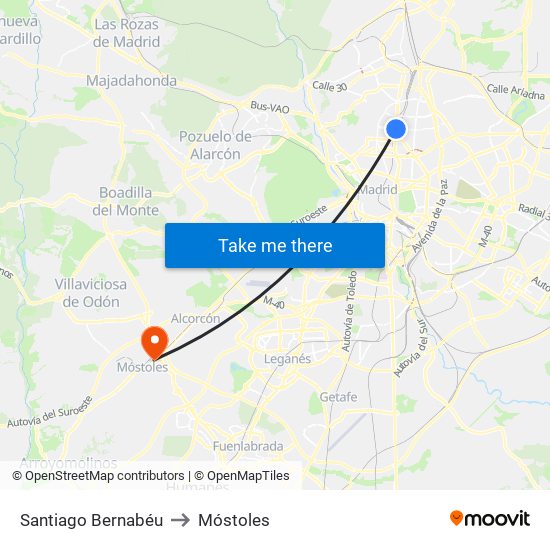 Santiago Bernabéu to Móstoles map
