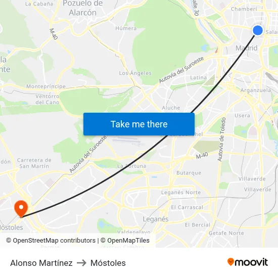 Alonso Martínez to Móstoles map