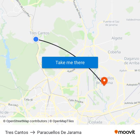 Tres Cantos to Paracuellos De Jarama map