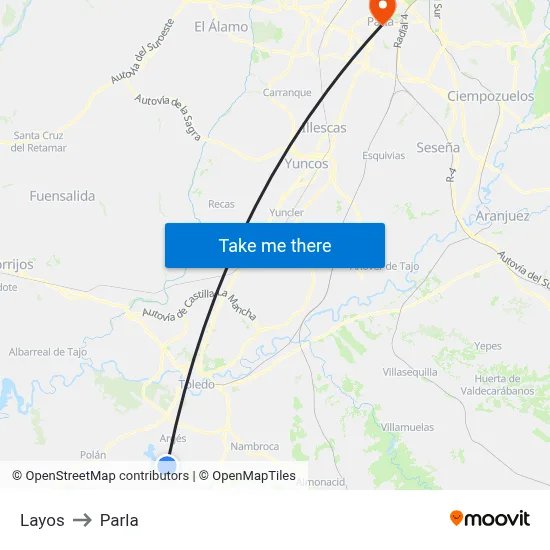Layos to Parla map