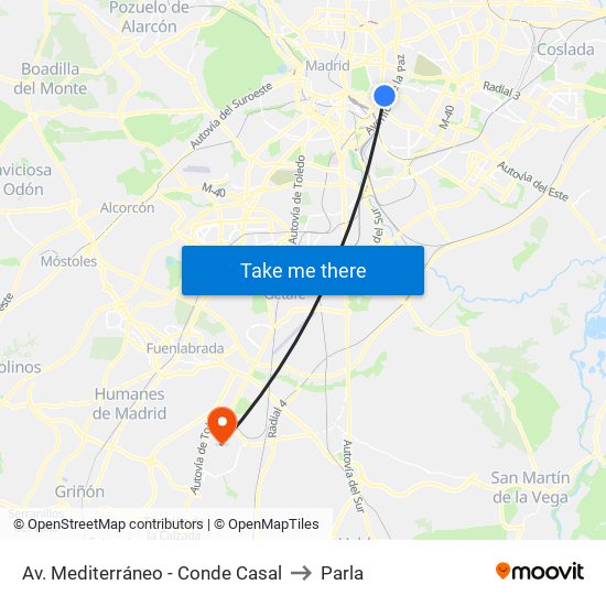 Av. Mediterráneo - Conde Casal to Parla map