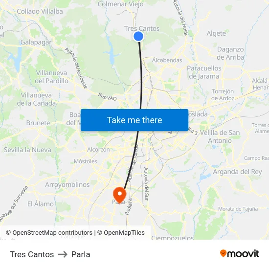 Tres Cantos to Parla map