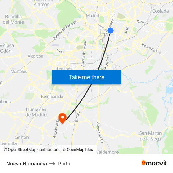 Nueva Numancia to Parla map