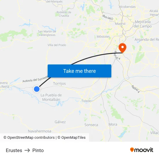 Erustes to Pinto map