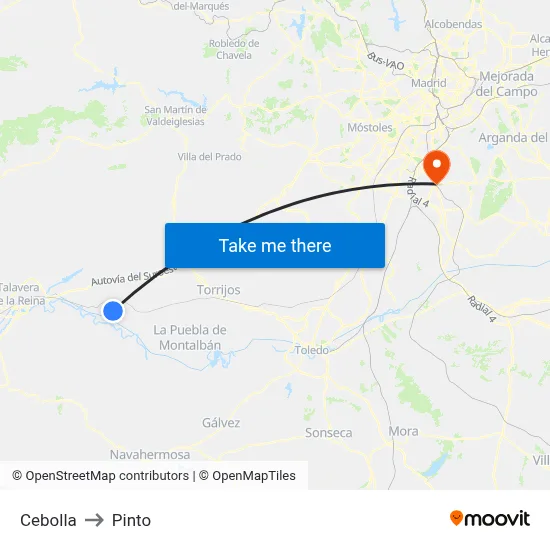 Cebolla to Pinto map