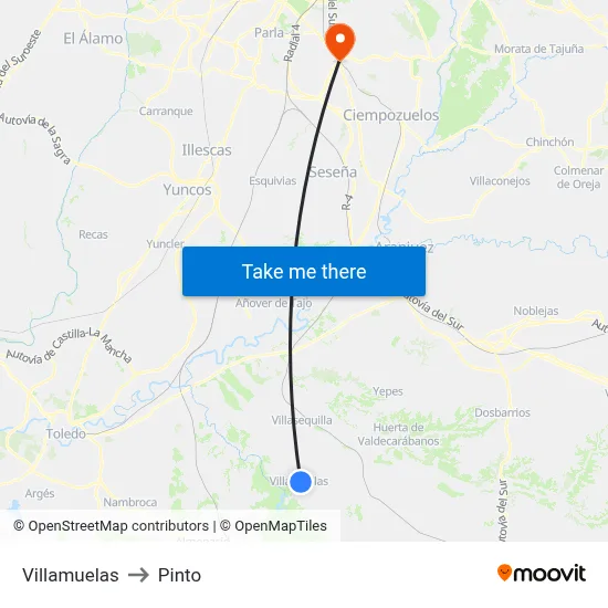 Villamuelas to Pinto map