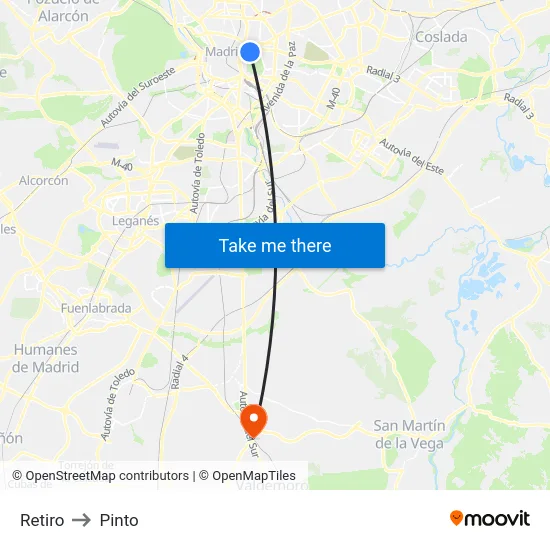Retiro to Pinto map
