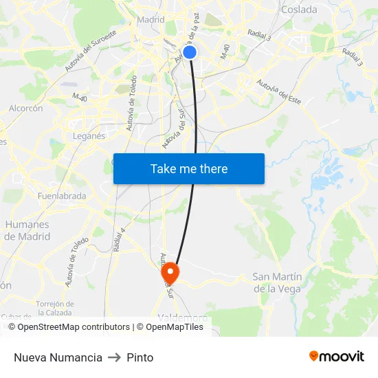 Nueva Numancia to Pinto map