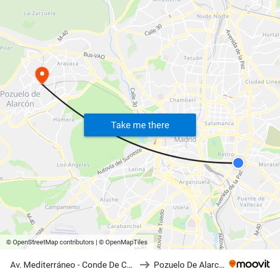 Av. Mediterráneo - Conde De Casal to Pozuelo De Alarcón map