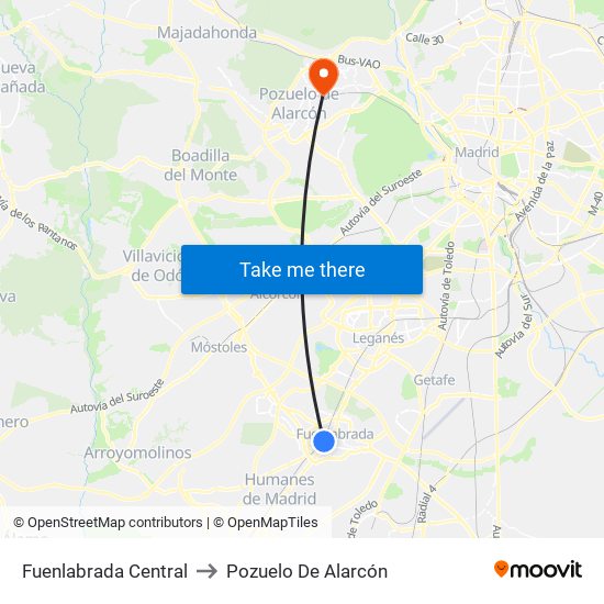 Fuenlabrada Central to Pozuelo De Alarcón map