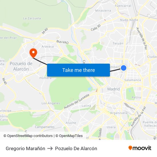 Gregorio Marañón to Pozuelo De Alarcón map