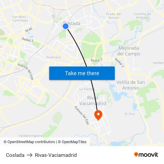 Coslada to Rivas-Vaciamadrid map